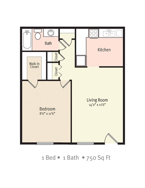 Floor plan for 1 bed, 1 bath, 750 sqft